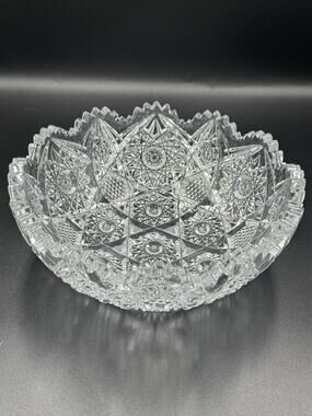 Antique American Brilliant Period Hand Cut Crystal Serving Bowl 8” Sawtooth Rim